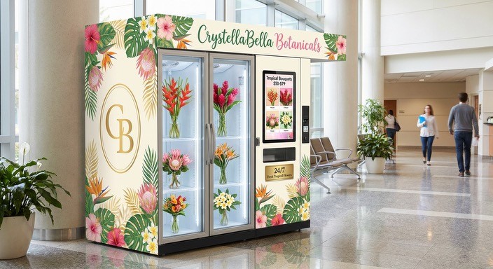 CrystellaBella Botanicals floral vending machine in a bright lobby