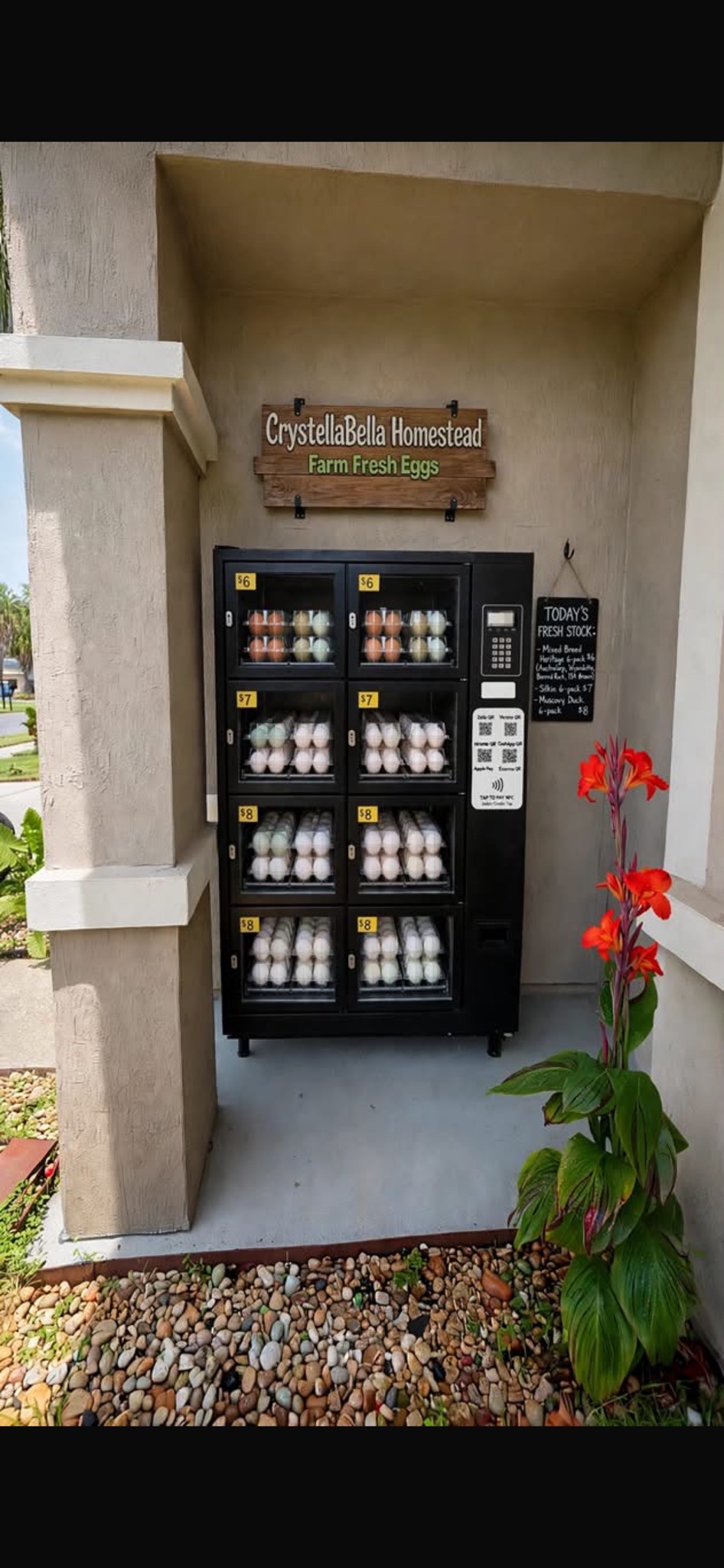 Black egg vending machine with CrystellaBella Homestead Farm Fresh Eggs sign and chalkboard